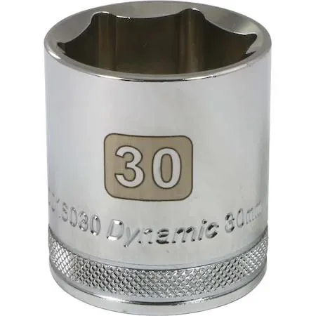 Chrome 1/2" drive 30mm 6-point socket with knurled ring and laser-etched size markings