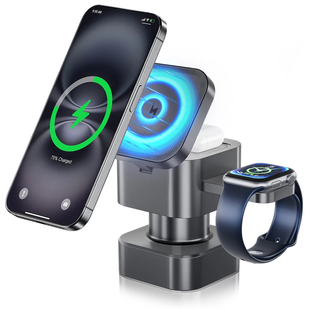 QFA 4-in-1 wireless charger with night light, metal finish, foldable stand