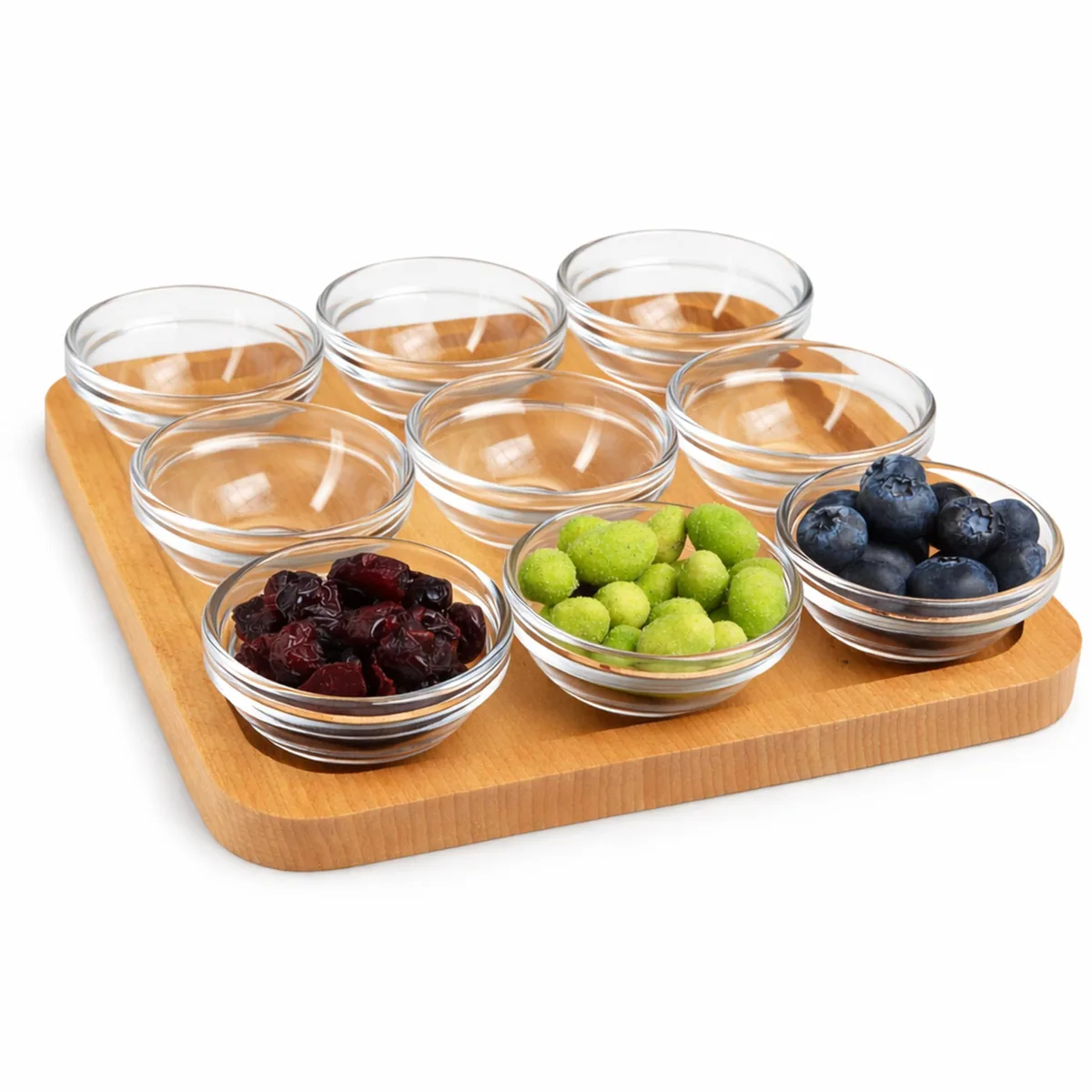 DNBeffulgent DNBeffulgent JO! 9-Piece Glass Bowls Set Beechwood Tray 1oz — product photo