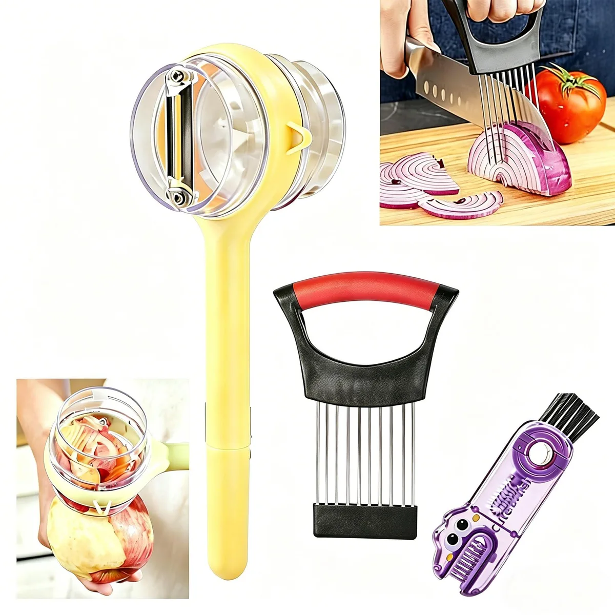 Yellow 13-piece kitchen gadget set with peeler, onion slicer and rotating brush