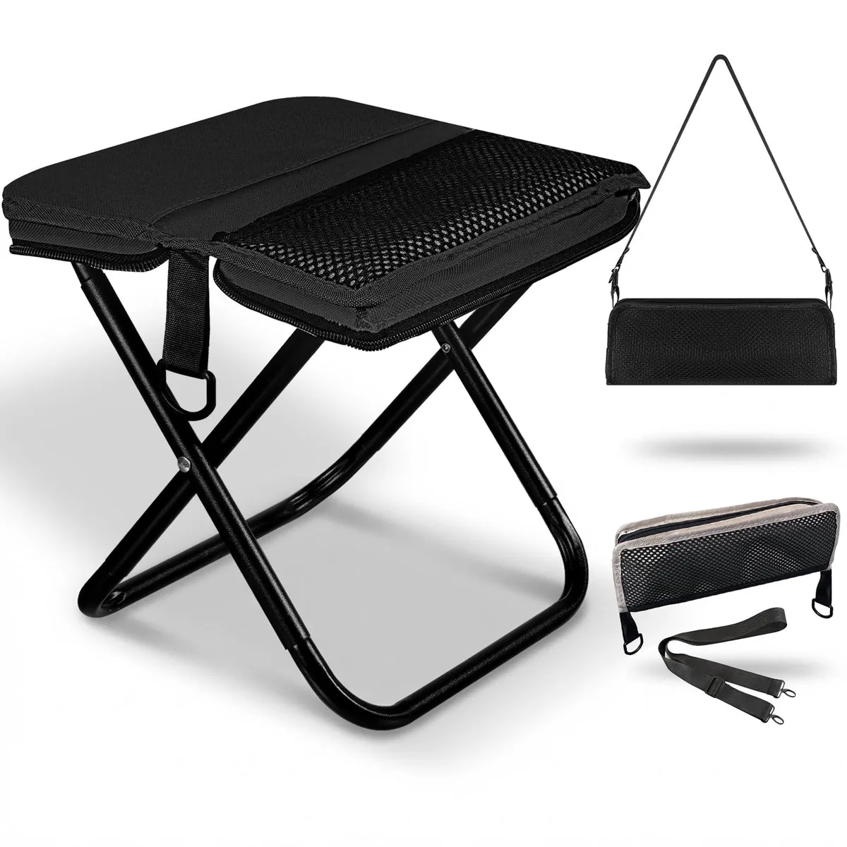 Black foldable backpack stool with integrated storage bag, rectangular Oxford fabric seat, carbon steel X-frame, 25 cm height