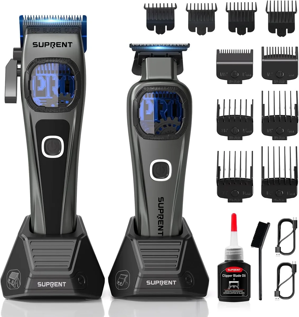 Blue cordless hair clipper and trimmer set on charging stand