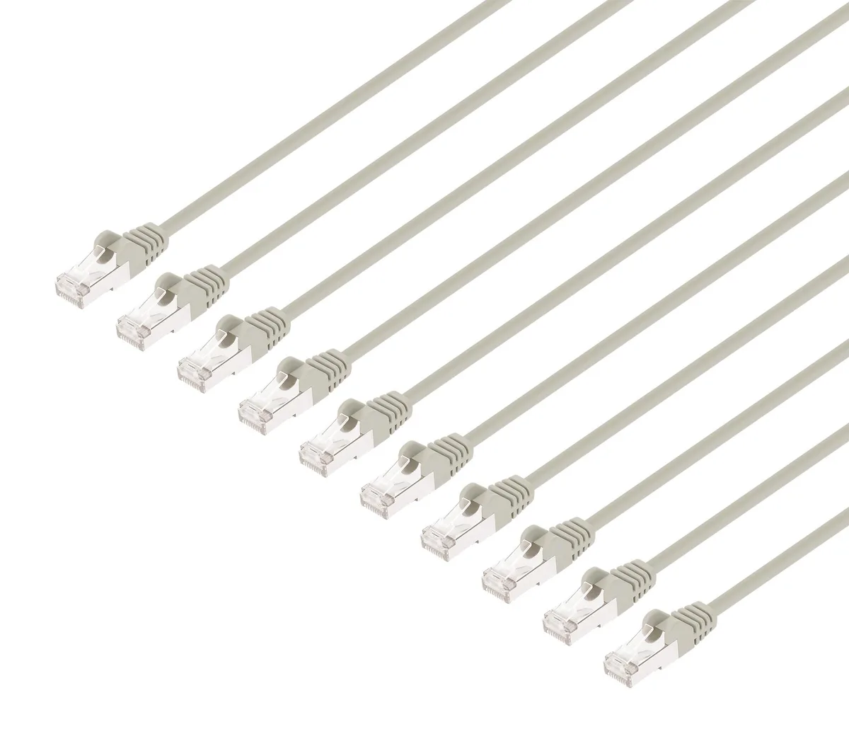 Ten slim gray Cat8.1 patch cables with RJ45 connectors