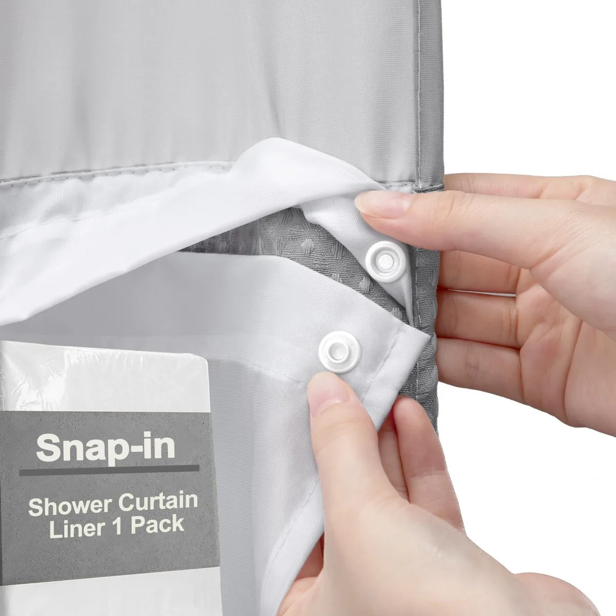 White polyester shower curtain liner with snap fasteners and corner magnets, 71 by 55 inches