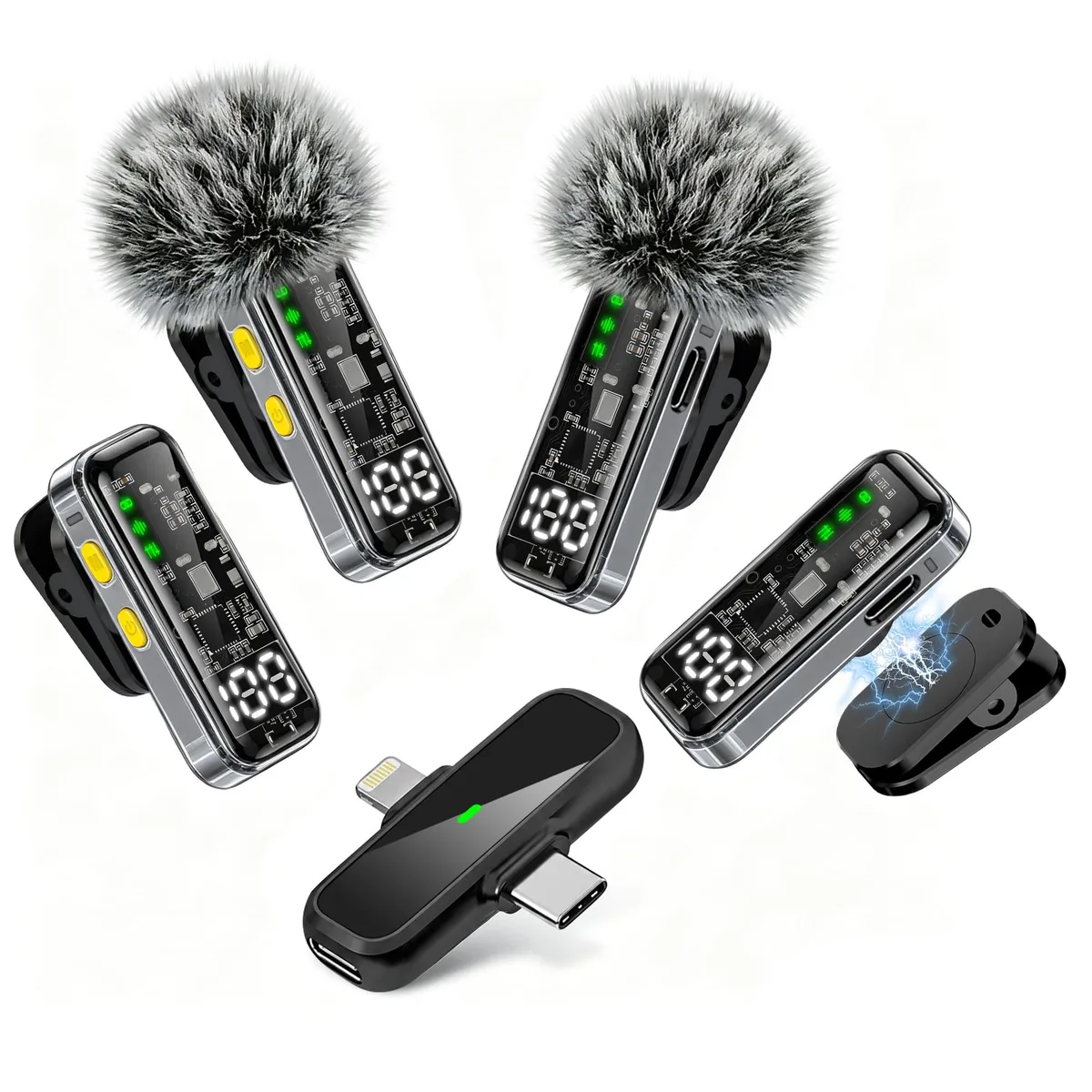 Four black wireless lavalier microphones with magnetic clips and a dual-port USB-C Lightning receiver