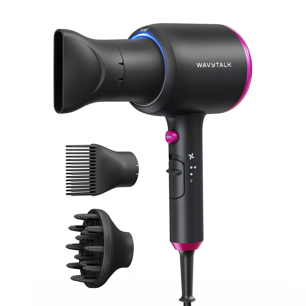 Black ionic hair dryer with diffuser, comb and nozzle attachments