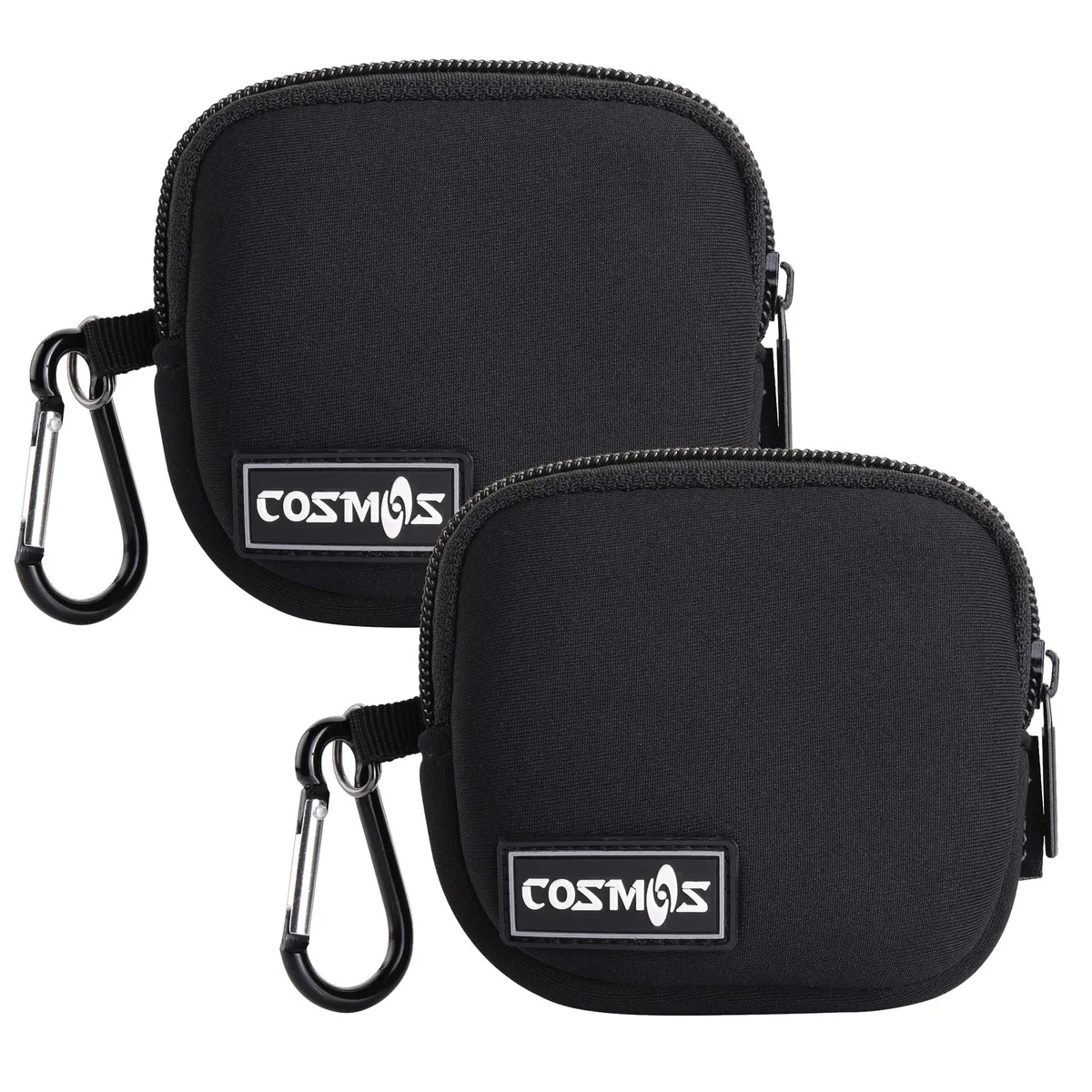 Two small black neoprene zip pouches with carabiner clips, each 3.15 inches square