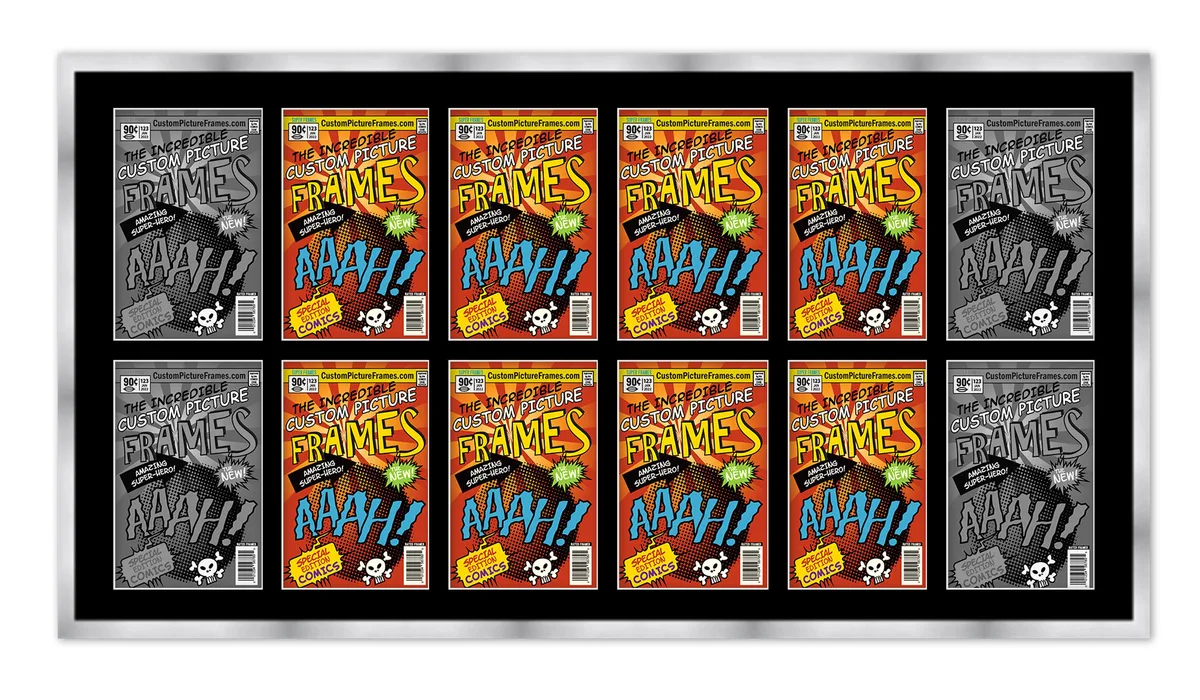 CustomPictureFrames.com CustomPictureFrames.com 12 Comic Book Frame Silver Collage 51x24.5" Black Mat UV Acrylic — product photo