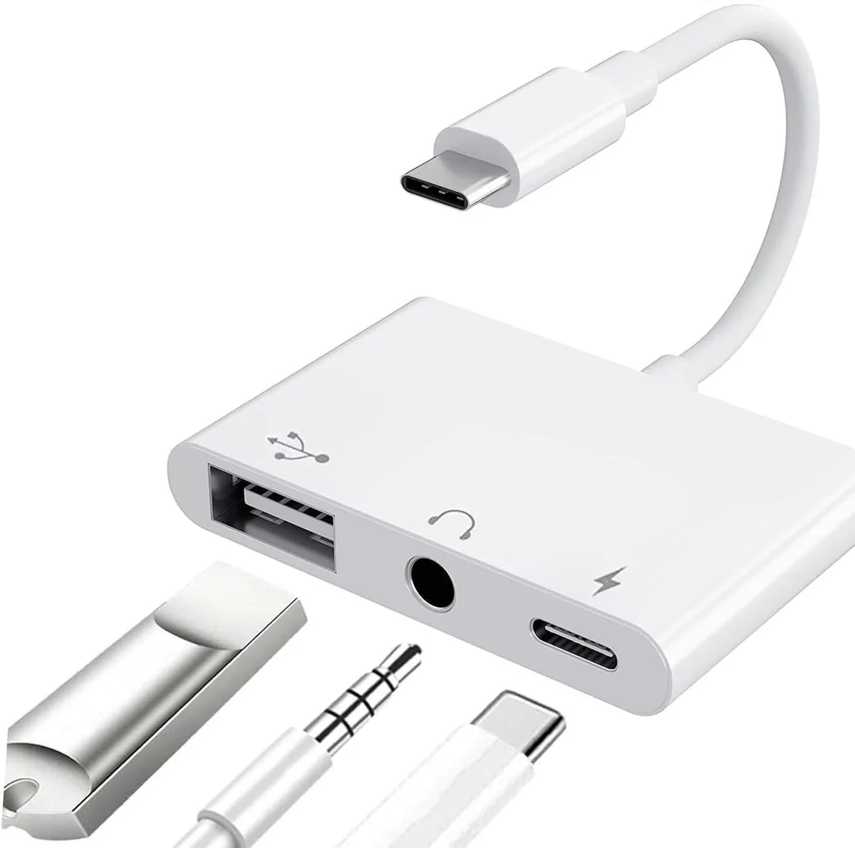 Znoogrn 3-in-1 USB-C Adapter White 60W PD 3.5mm 480Mbps — product photo