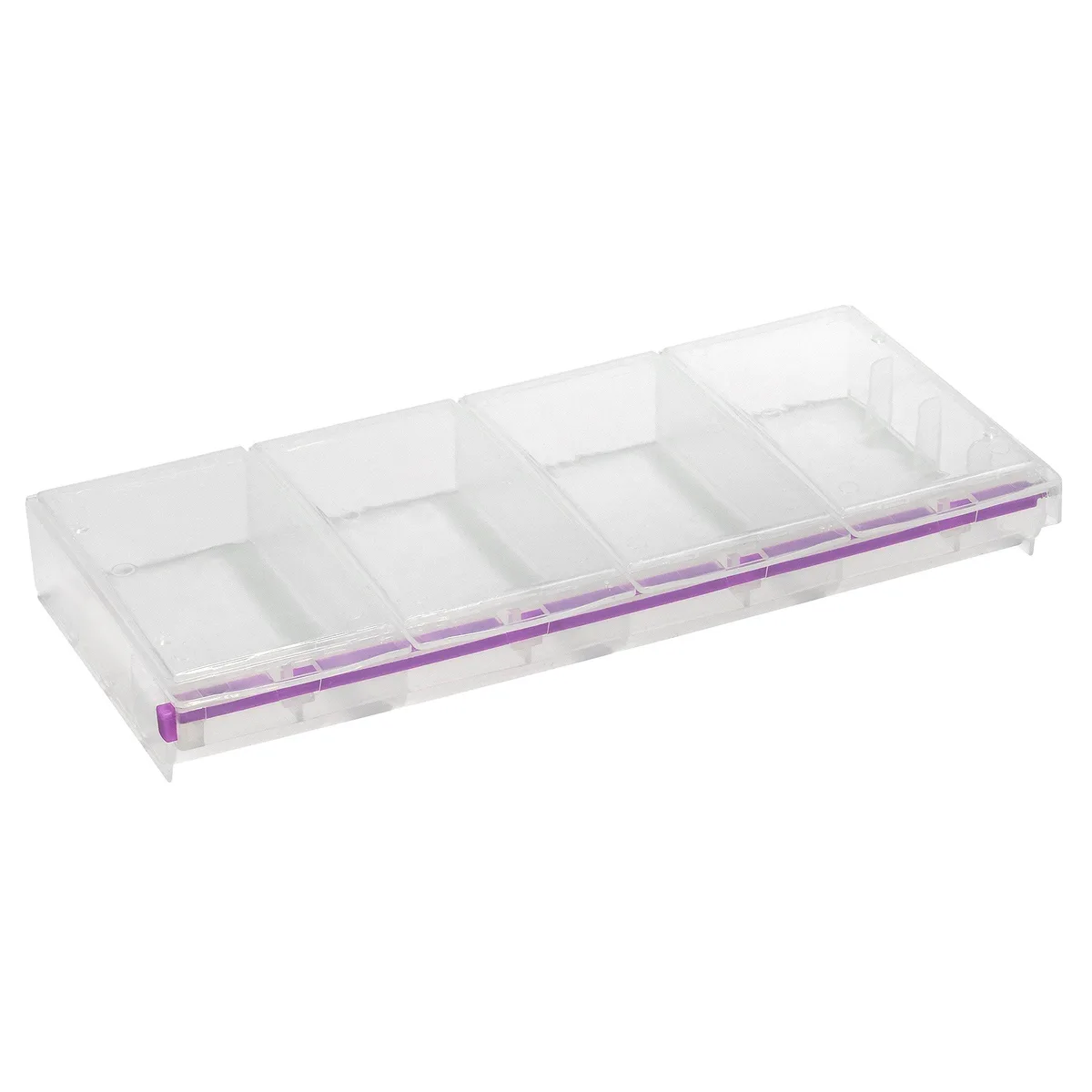 Twelve clear rectangular plastic boxes with four locking compartments each, hinged lids, 9 by 4.25 by 1.25 inches