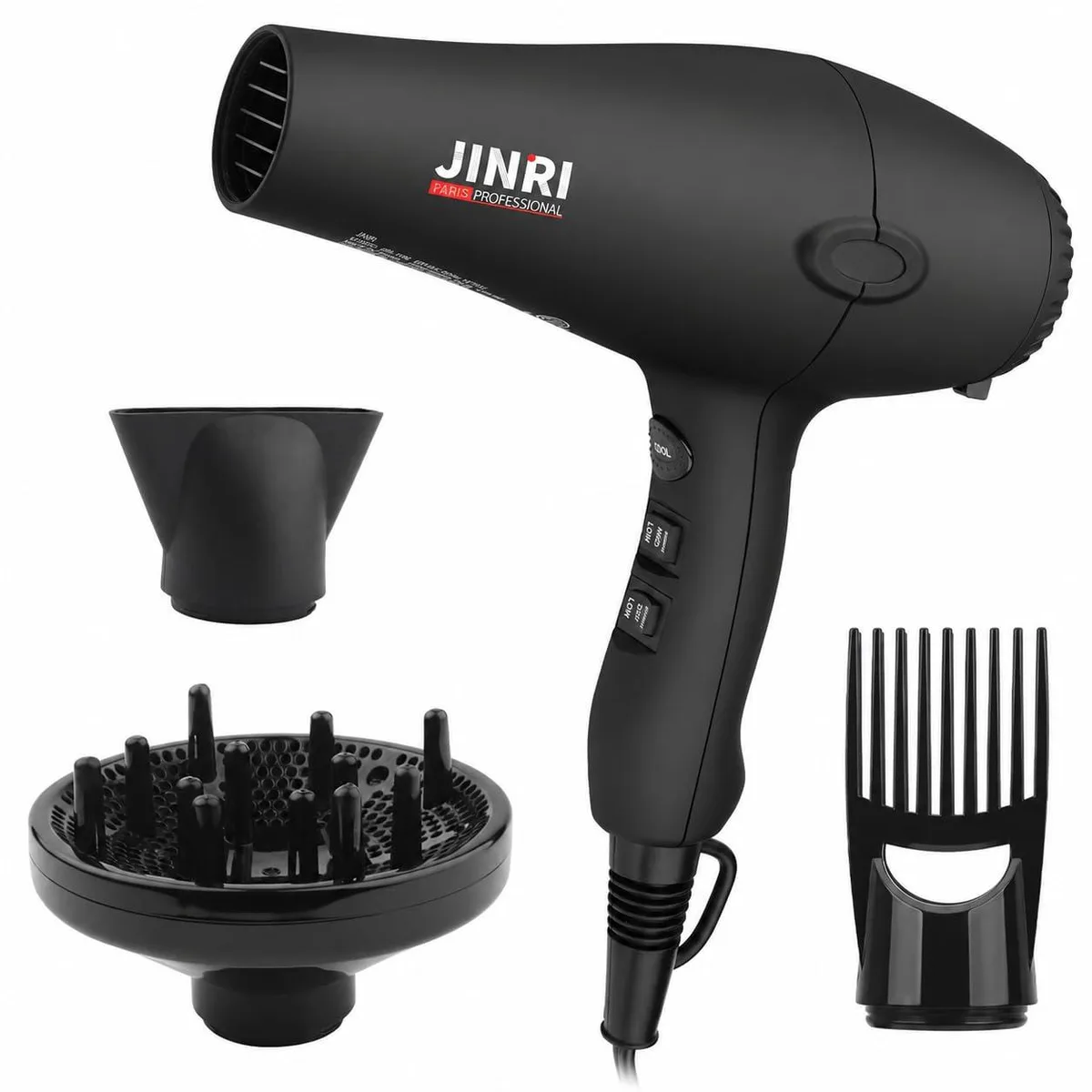 Matte black hair dryer with diffuser comb and nozzle attachments