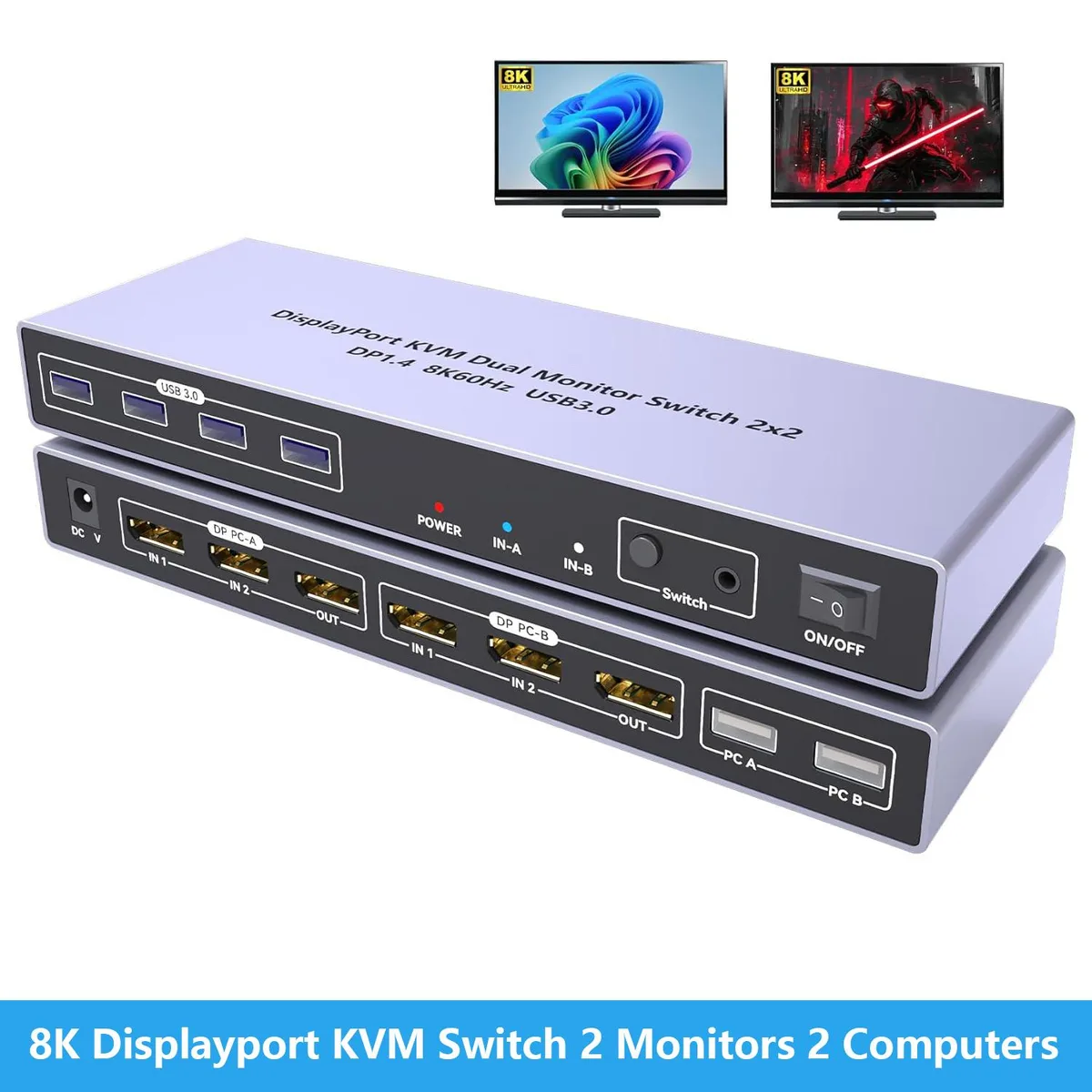 IHDAPP IHDAPP 8K@60Hz DisplayPort KVM Switch 2 Monitors 2 Computers 4 USB 3.0 — product photo