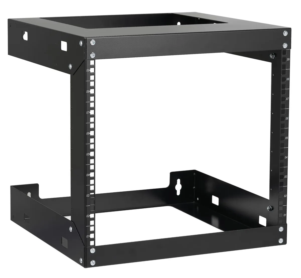 Black 9U open-frame wall rack, 19.7 wide by 18 deep, cold-rolled steel