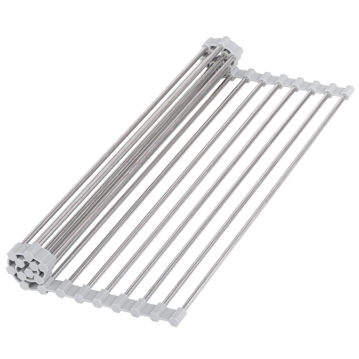 Gray roll-up sink drying rack with 18 stainless steel tubes and silicone coating