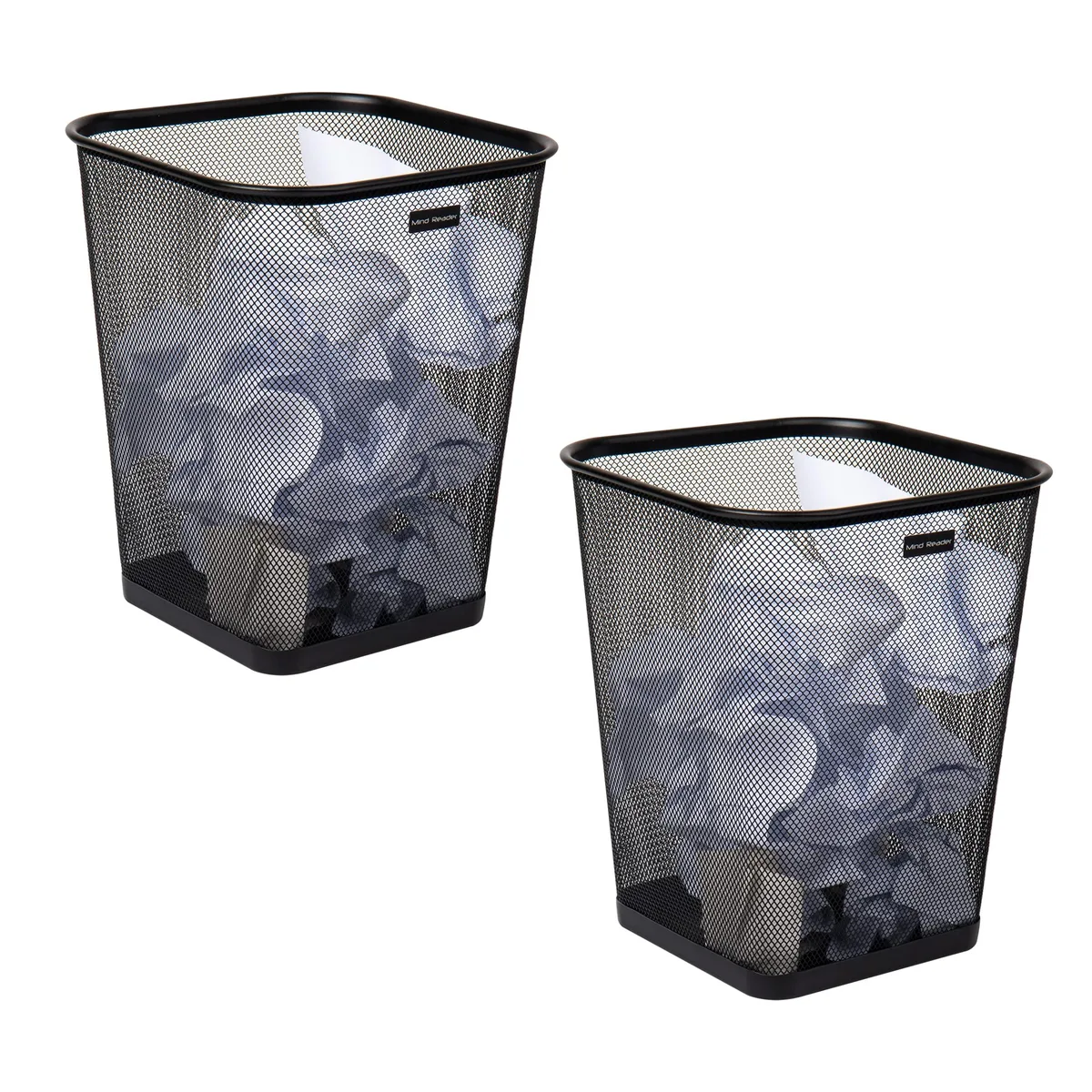Twelve black square mesh wastebaskets with solid bases and rolled rims