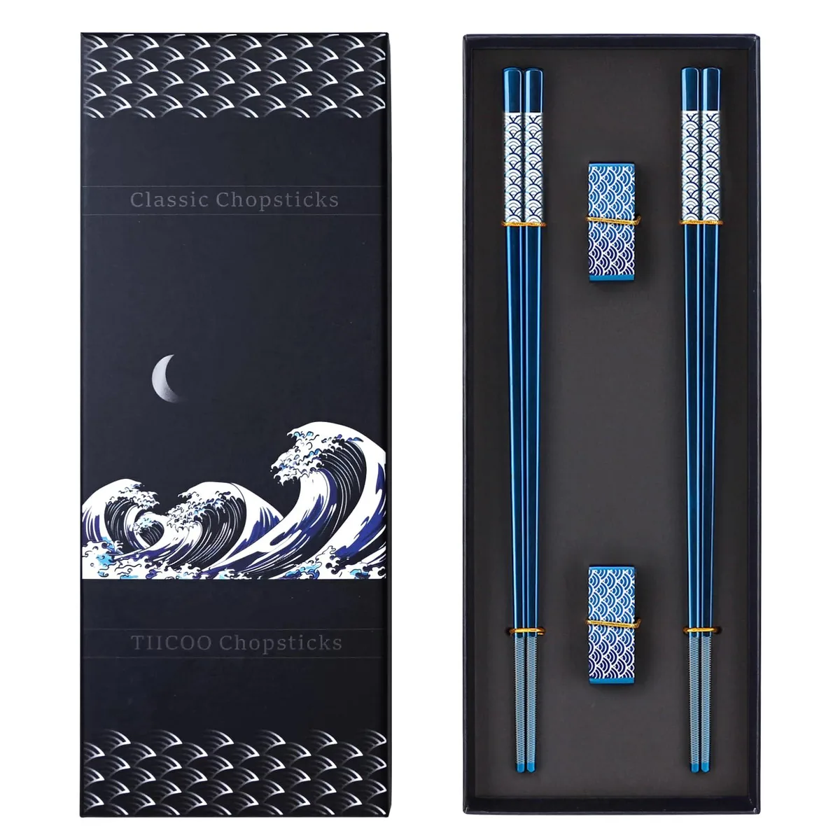 Blue titanium-plated stainless steel chopsticks set with holders in black gift box