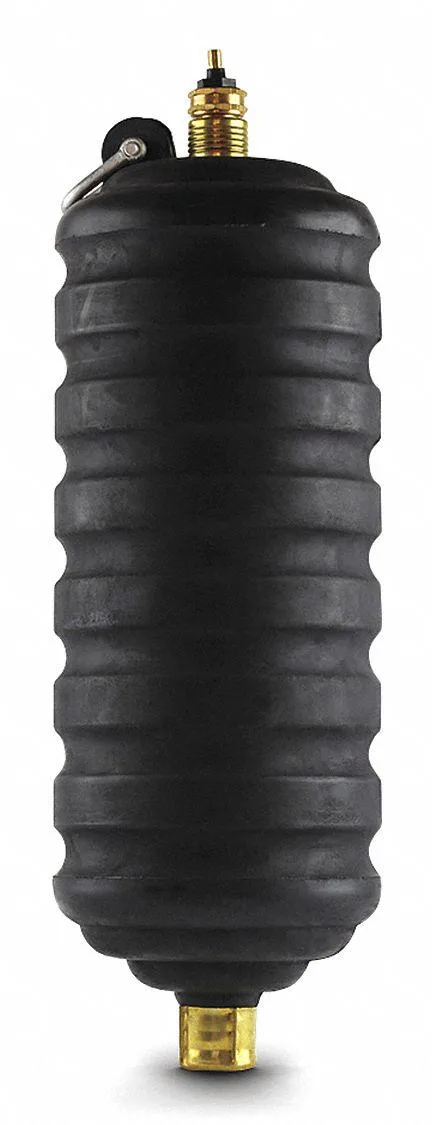 Black rubber pneumatic test plug with metal air valve and tether strap, deflated length 20 in