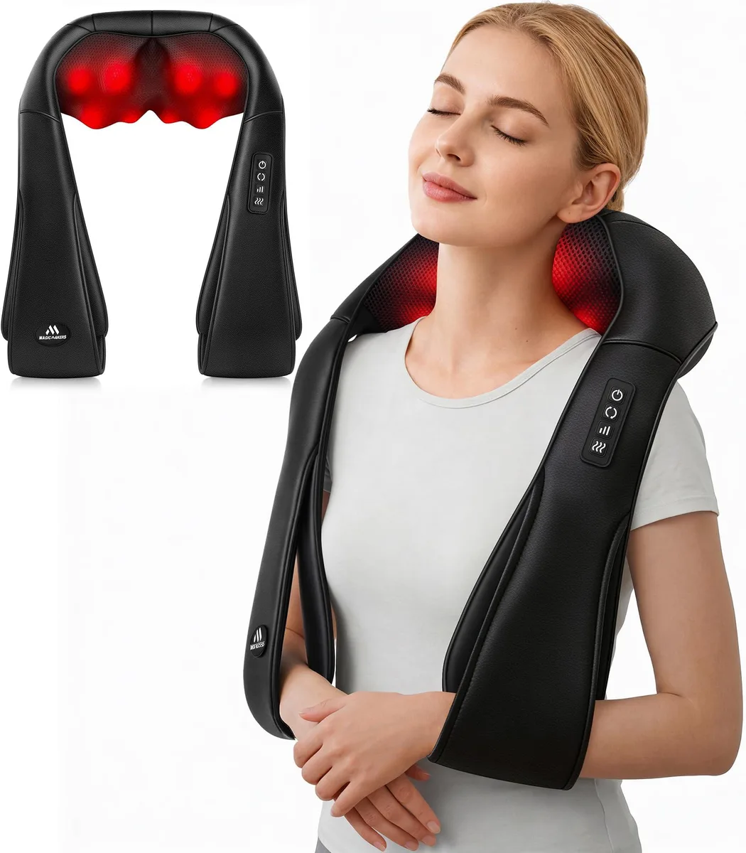Blue U-shaped electric neck massager with fabric cover and control panel