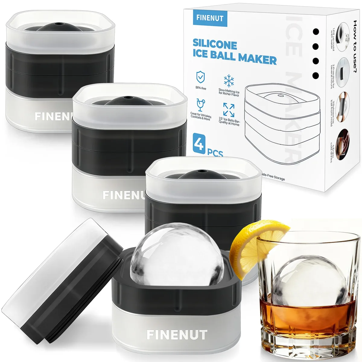 Four black silicone ice ball molds with lids, each forming a 2.5 inch sphere