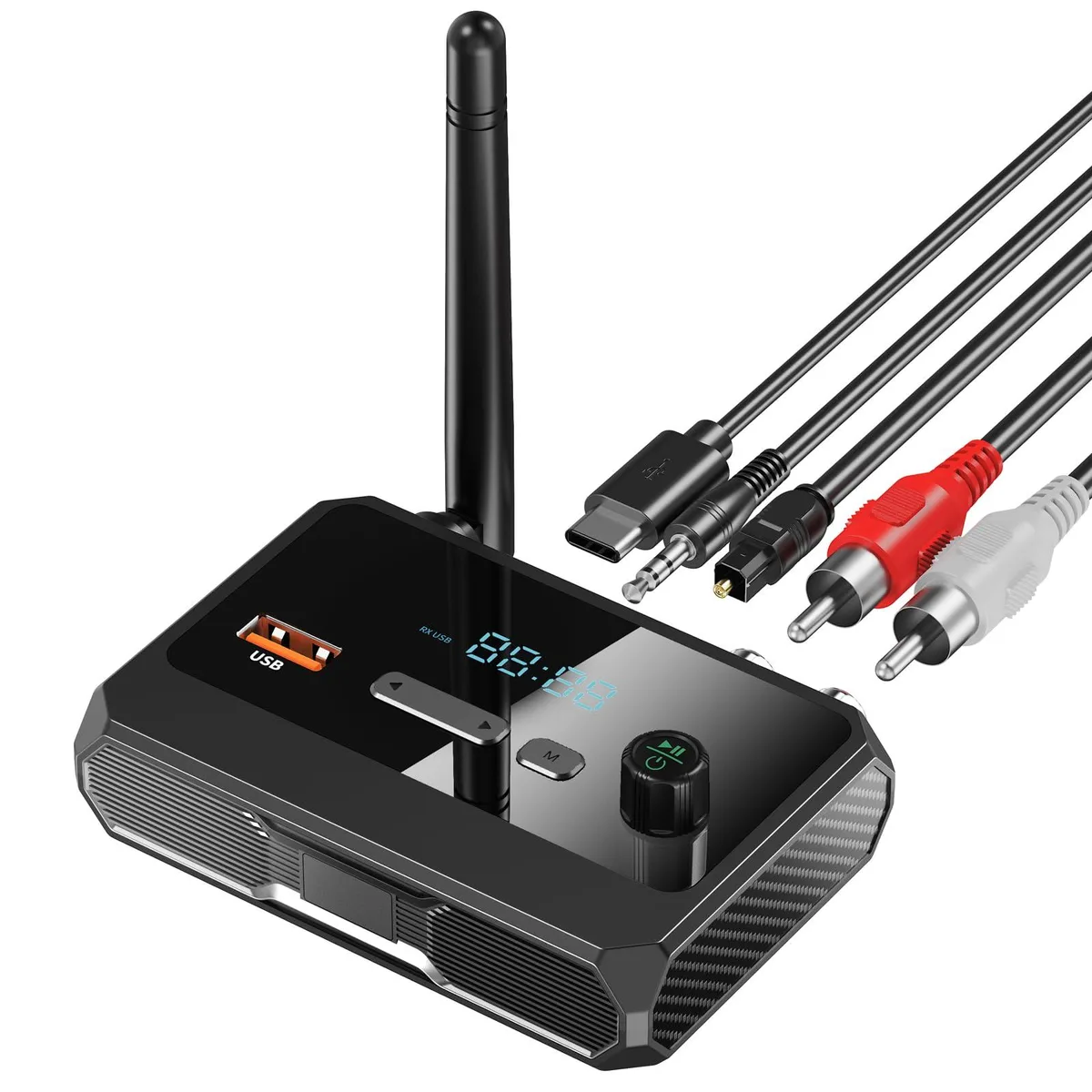 Small black Bluetooth 5.3 receiver box with RCA optical and 3.5mm ports