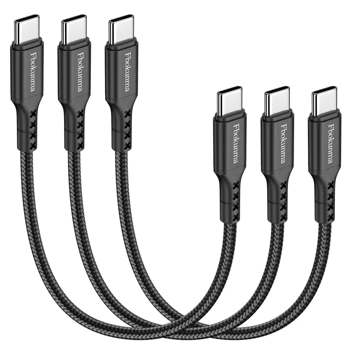 Three short USB-C to USB-C cables, nylon braided, 12-inch length