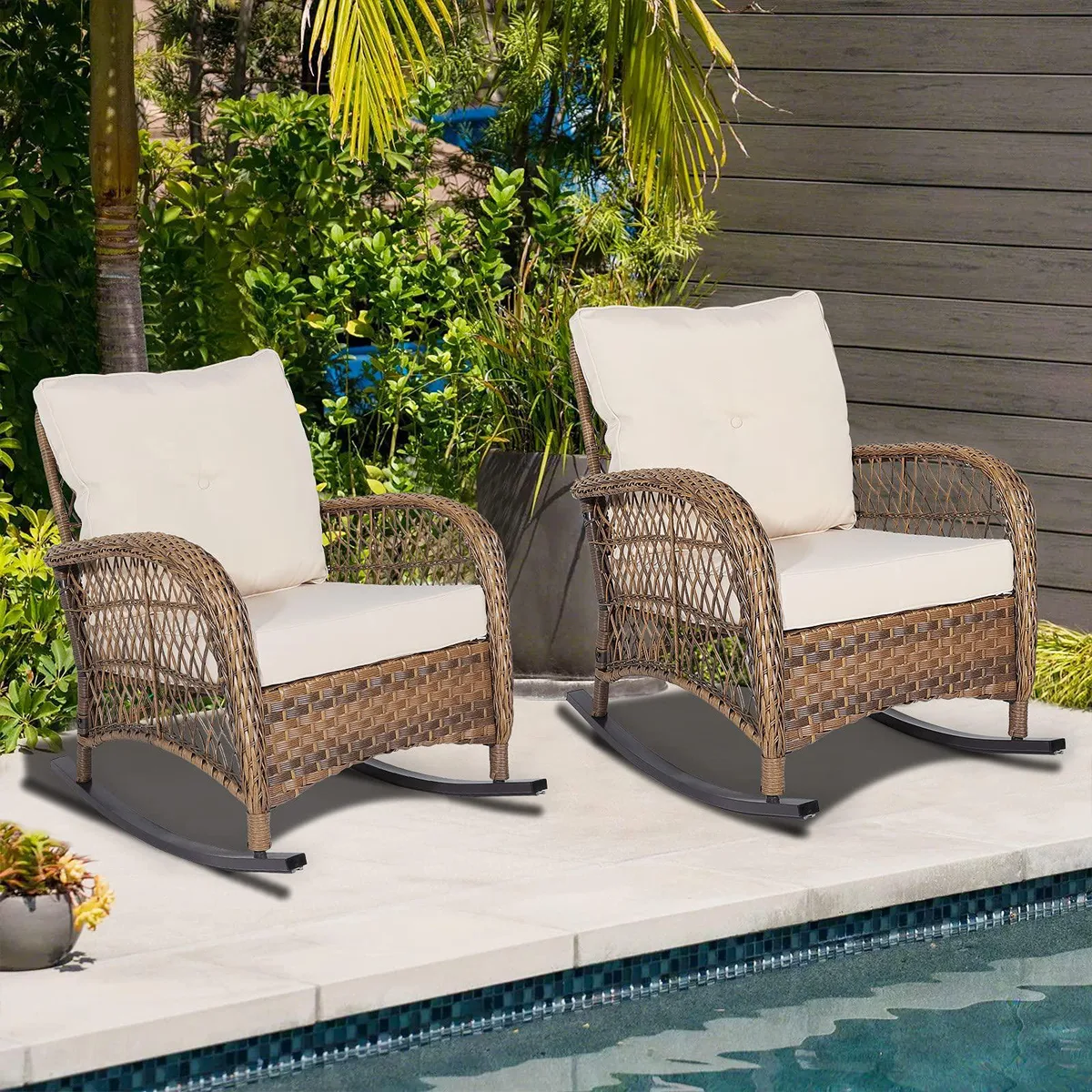 MEETWARM MEETWARM Wicker Rocking Chair Beige Set of 2 — product photo