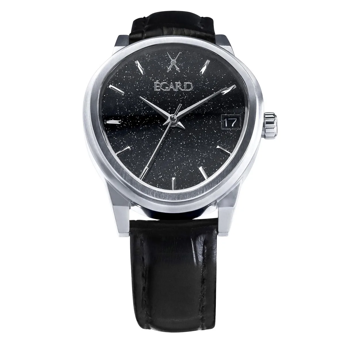 Silver stainless steel watch with black dial and leather strap