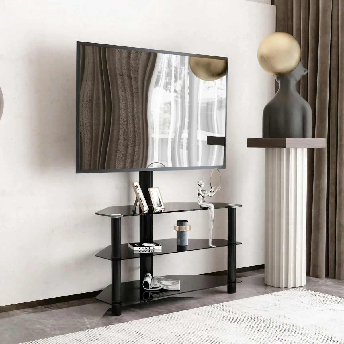 tuphen tuphen 35.4 inch Black TV Stand Height Adjustable Swivel 3-Tier Home Entertainment — product photo