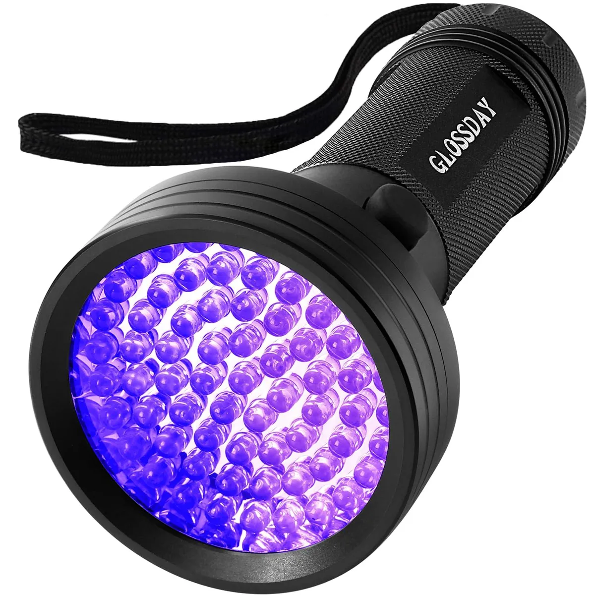 Black rectangular aluminium UV flashlight with 68 LED emitters at the head
