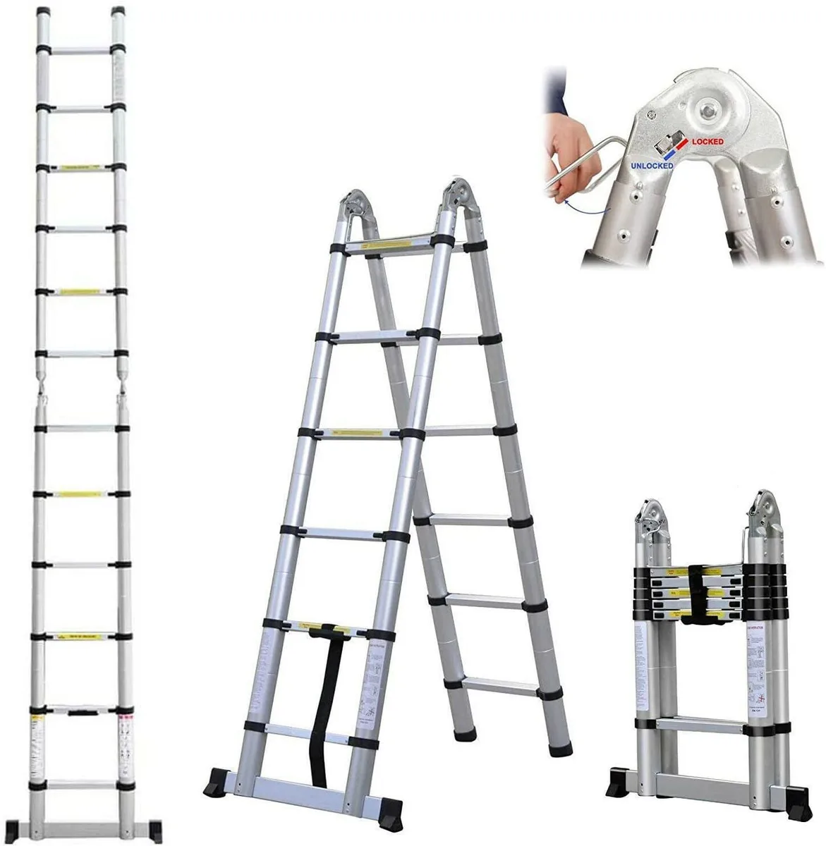 Silver aluminium telescoping A-frame ladder folded to 2.7ft with anti-slip feet