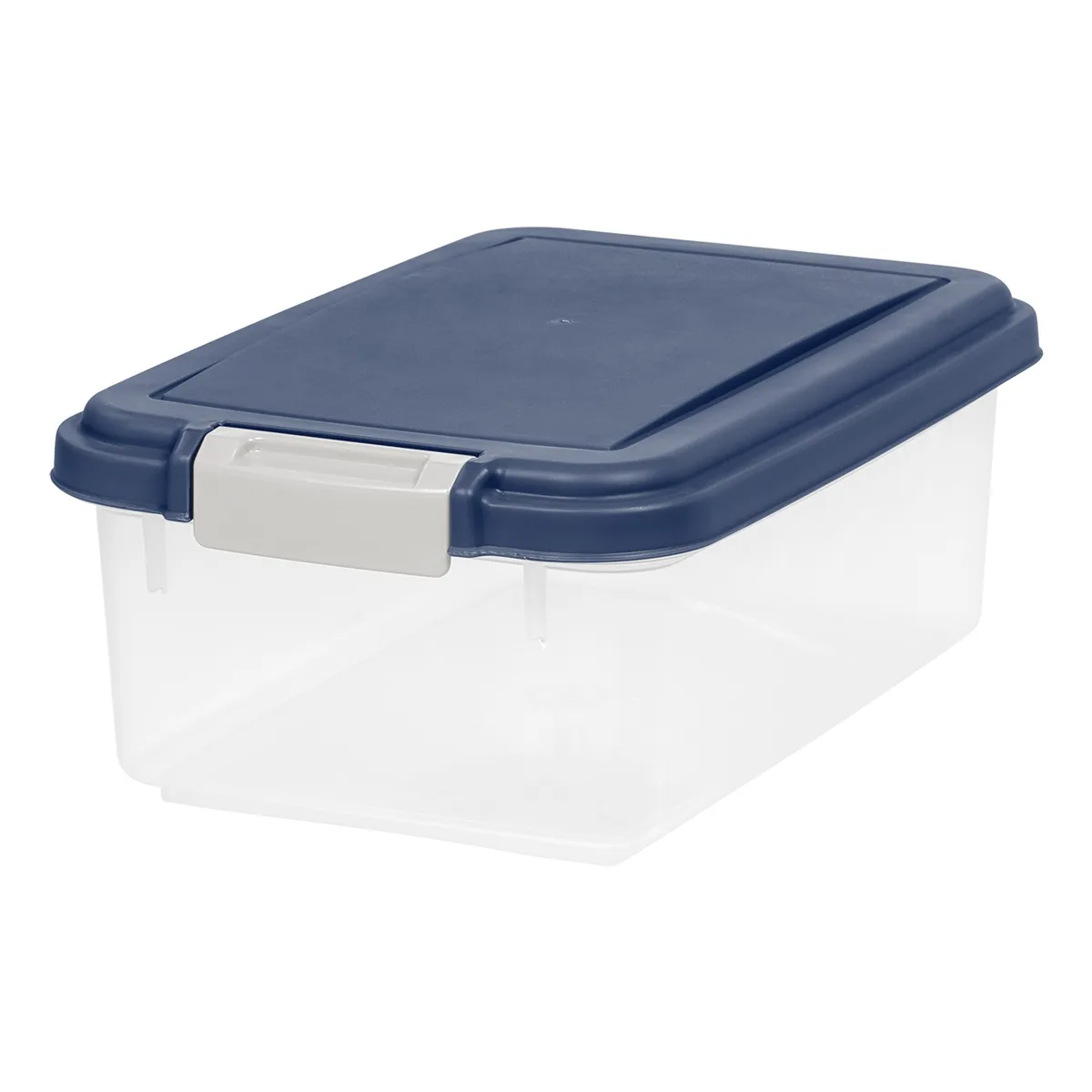 Navy rectangular plastic container with hinged snap-lock lid, 16.5 by 10.8 by 6.5 inches