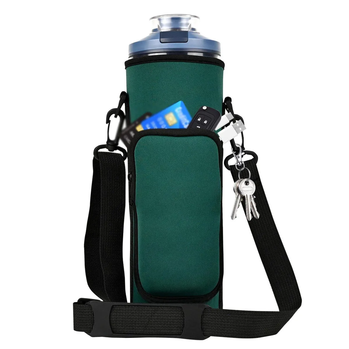 Grey neoprene carrying case for 22 oz portable blender with adjustable crossbody strap and accessory pocket