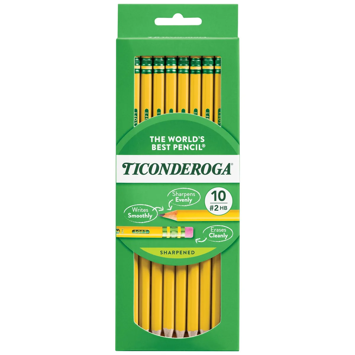 Yellow hexagonal wood-cased pencils with green ferrules and pink erasers, pre-sharpened, ten count