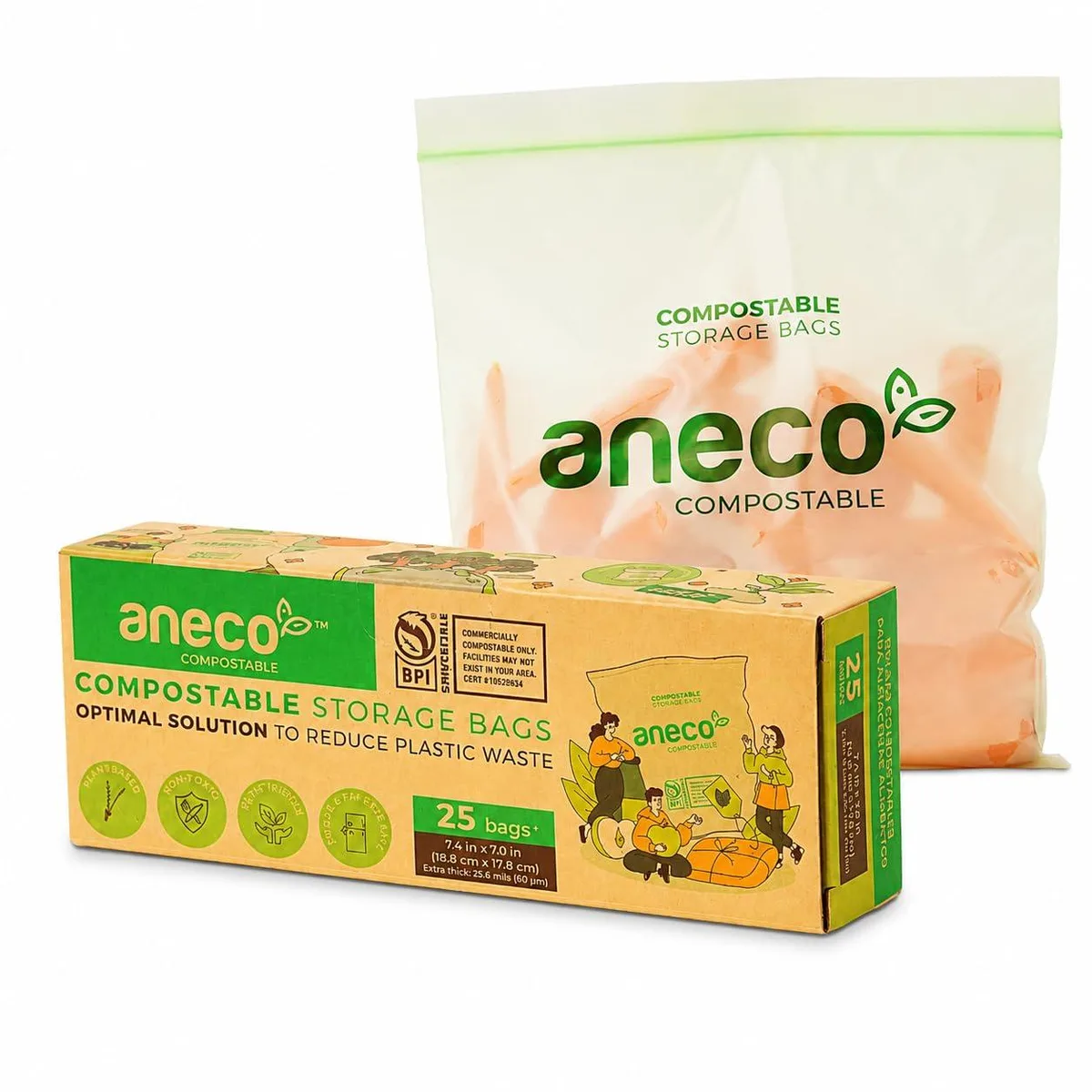 Clear quart-size compostable zip bags, 25 count
