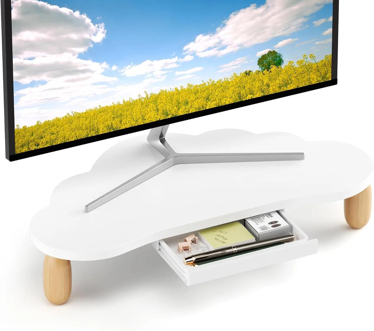 PISKEKAT PISKEKAT Cloud-Shaped Monitor Stand Riser with Drawer, White, 16.5x8.4x3.2 in — product photo