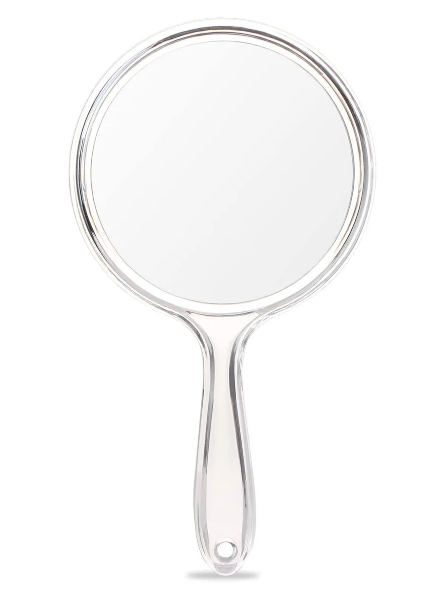 Clear handheld double-sided mirror with handle, white finish, 1x and 3x magnification