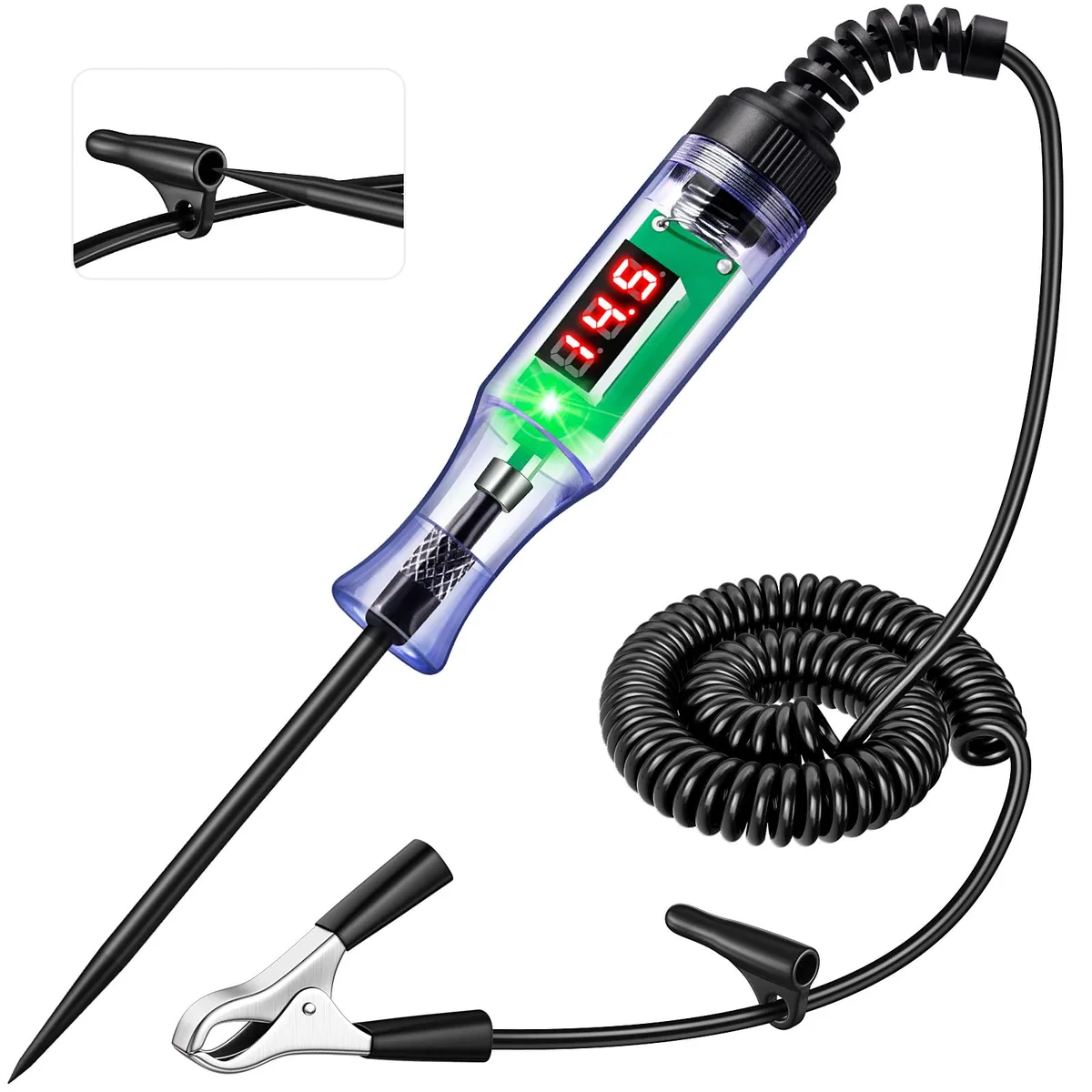 Automotive test light with LED digital readout, stainless probe, long spring wire and alligator clip