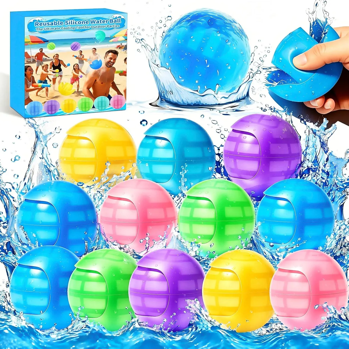 Twelve soft plastic splash balls in six colours inside a gift box