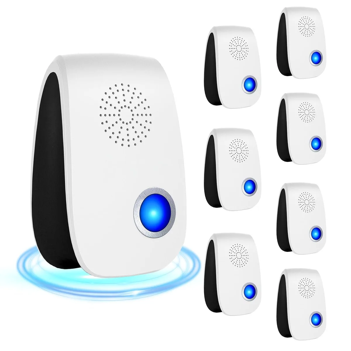 White rectangular plug-in unit with front speaker grilles and soft night-light glow