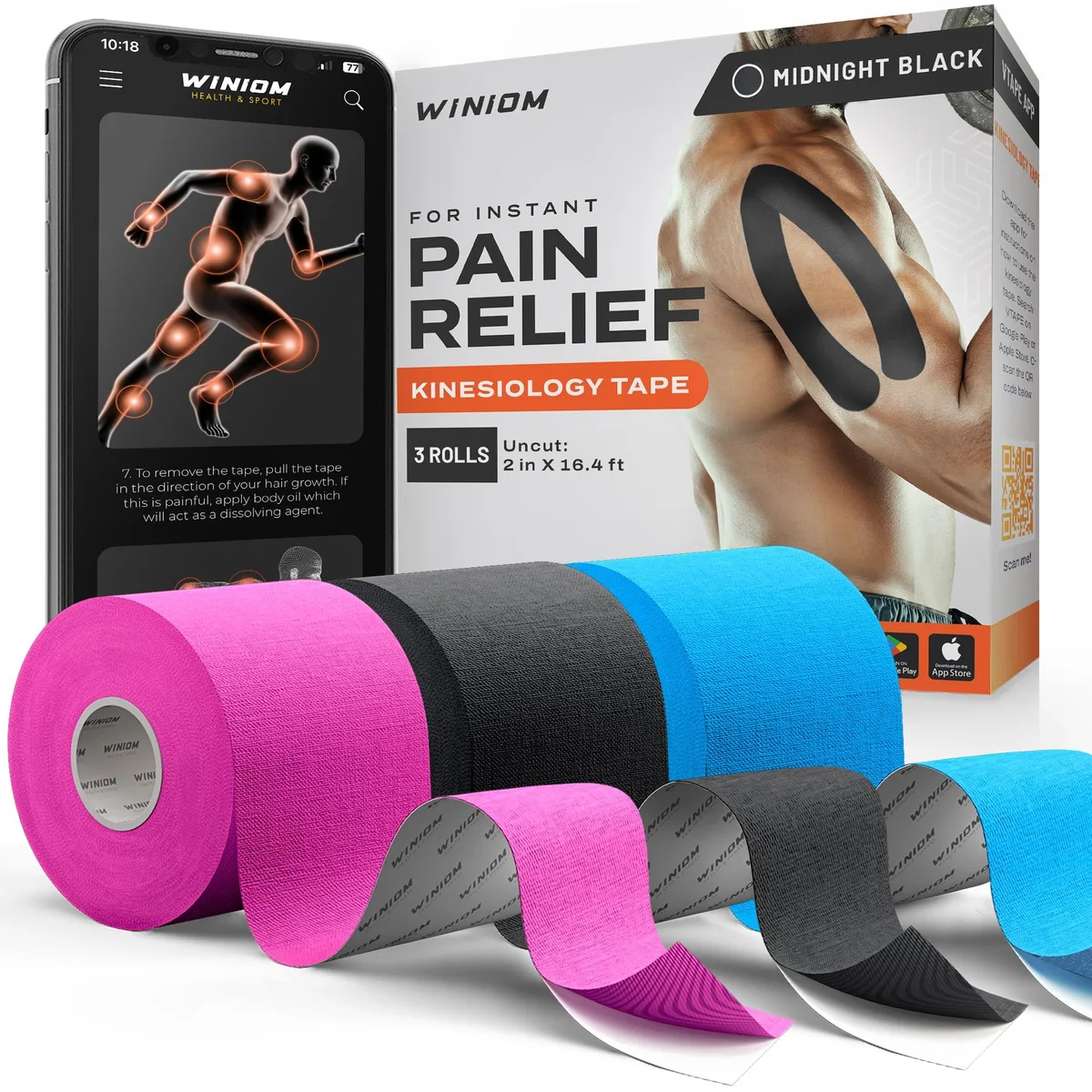  WINIOM Kinesiology Tape Sports Medicine Uncut 2inx16.4ft Mixed Colors A 3-Roll — product photo
