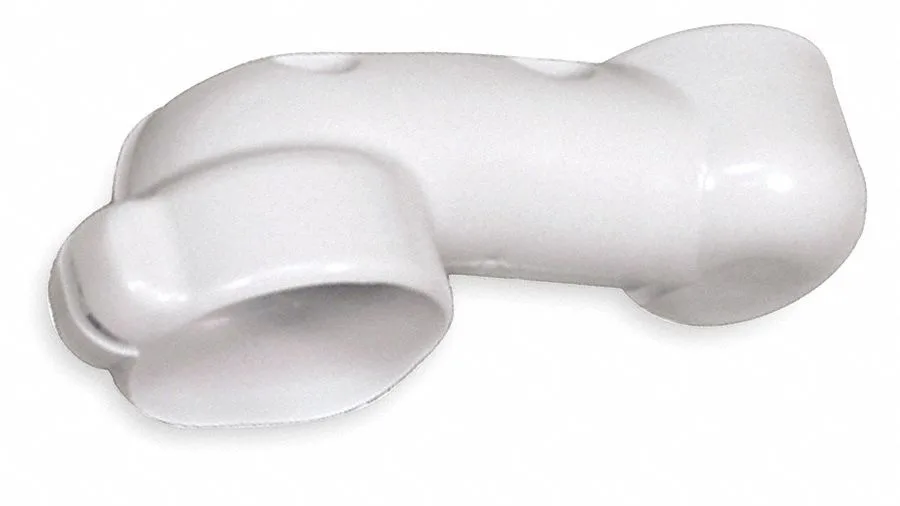 White vinyl offset pipe cover, smooth curved shape, 9 inches tall, 3 inches wide