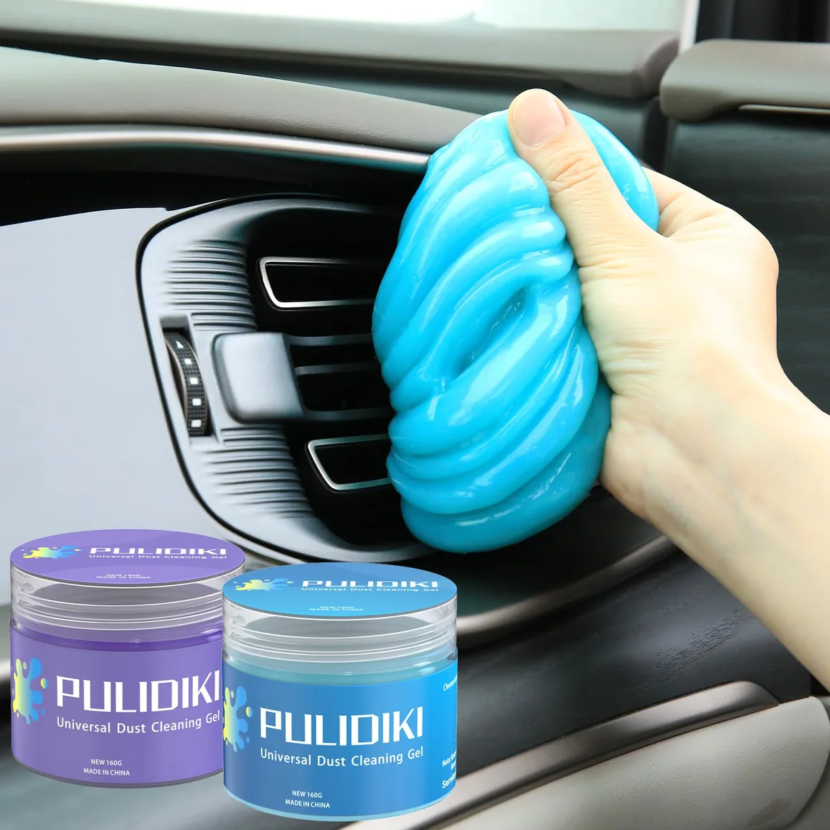 Two small jars of blue and purple cleaning gel, each about 2.62 inches square and 2.1 inches tall