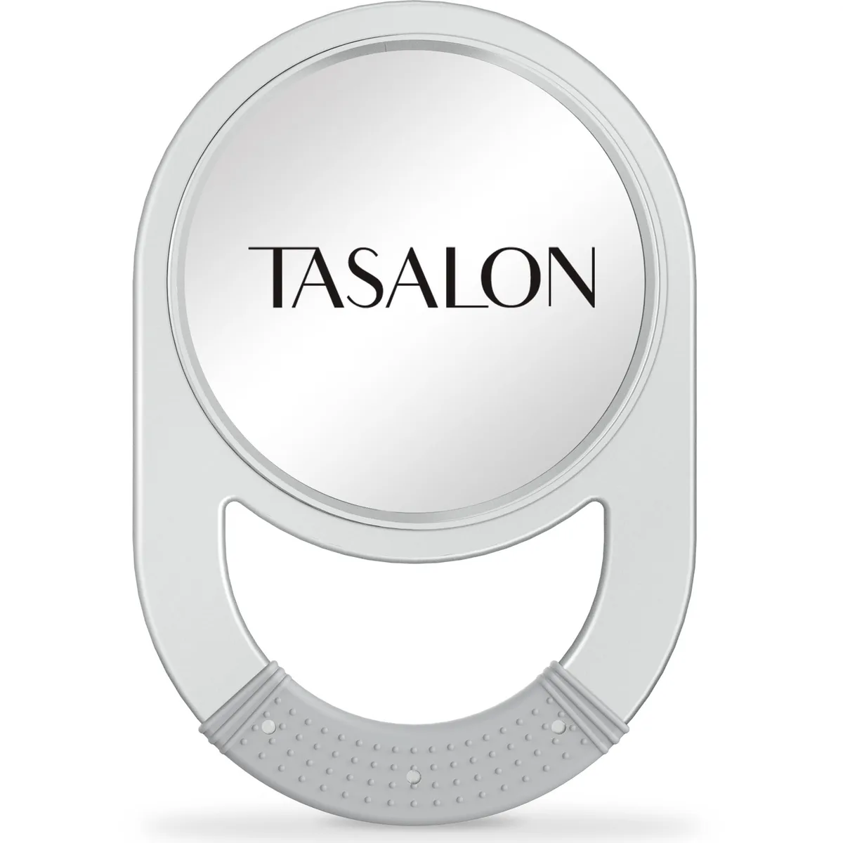Silver ABS hand mirror with rubber grip handle, round 11 by 7.5 inch reflective surface
