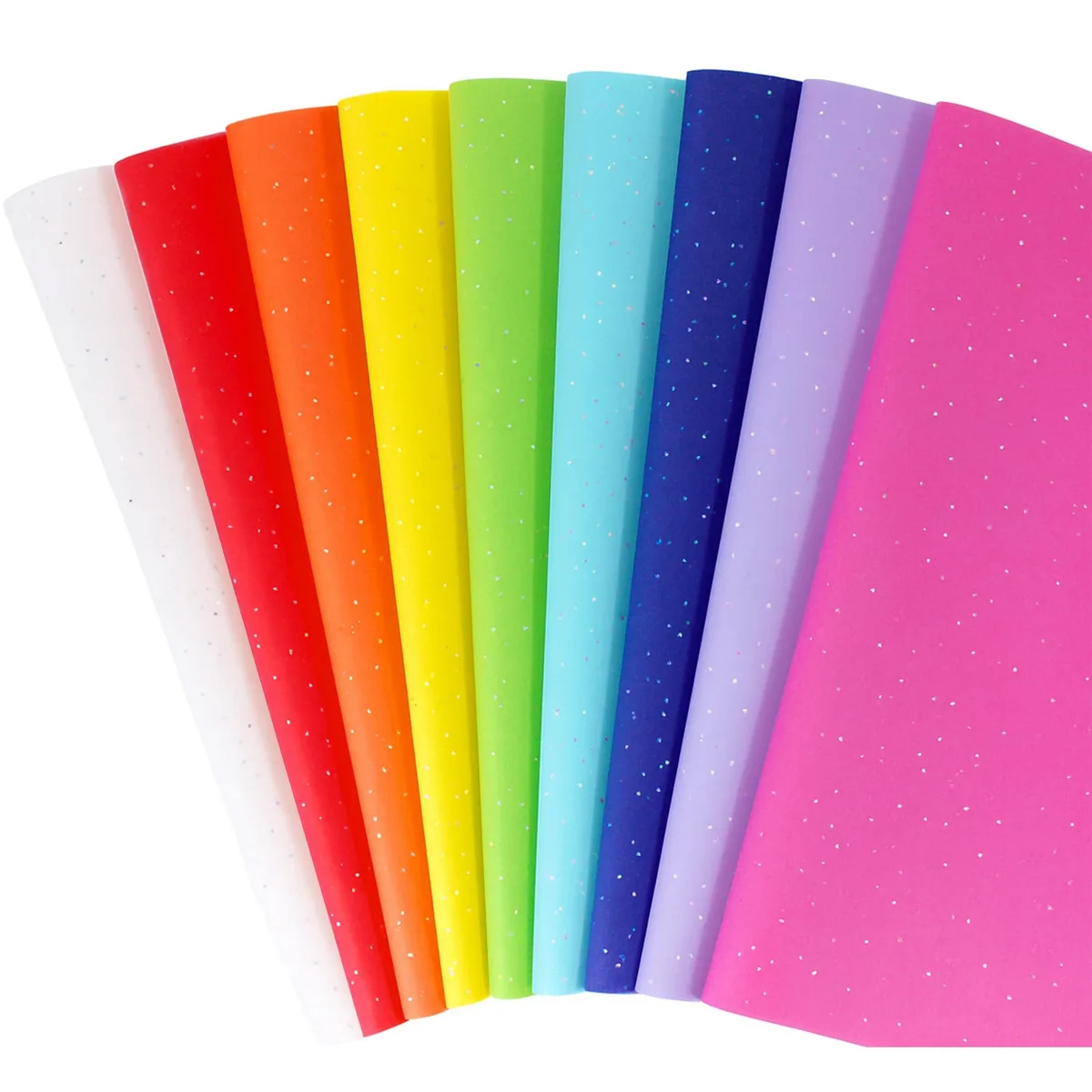 Square glitter tissue sheets in nine rainbow colours, stacked flat