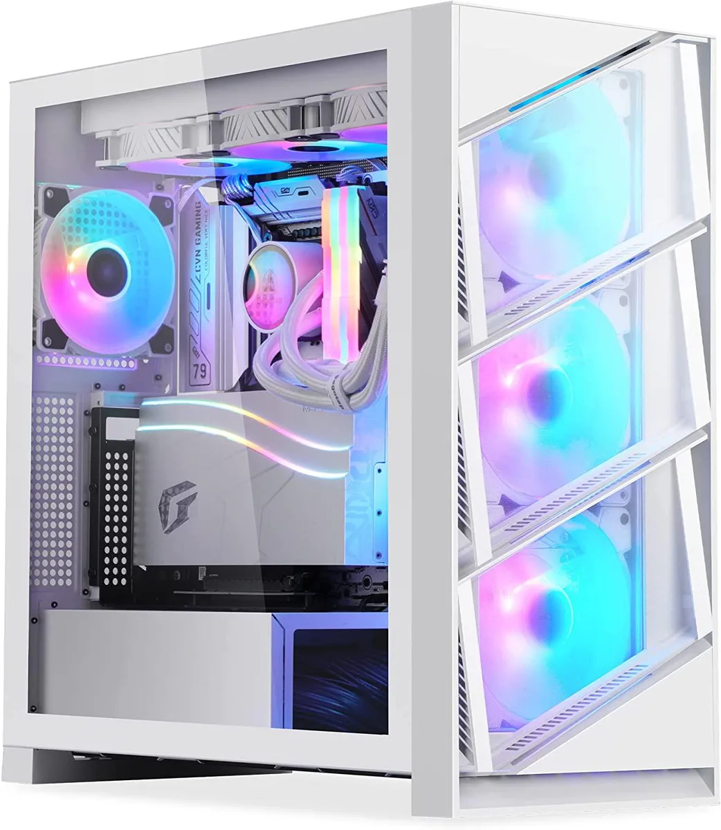 White mid-tower ATX case with tempered glass side panel and snap-on front panel