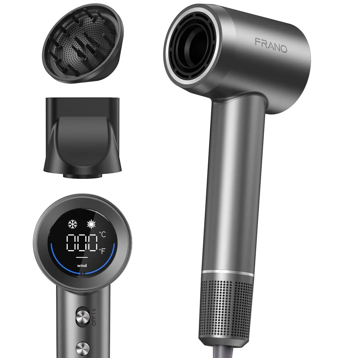 Grey hair dryer, 11 by 2.75 by 3.5 inches, corded electric