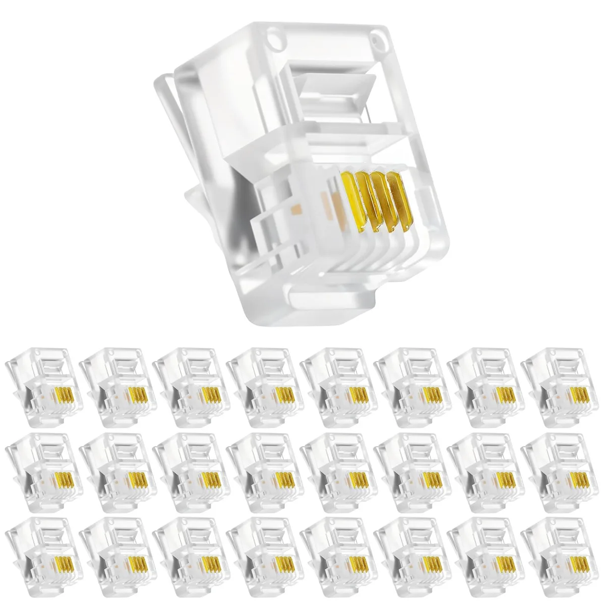 Transparent RJ11 6P4C connectors, 25 pack, gold-plated pins