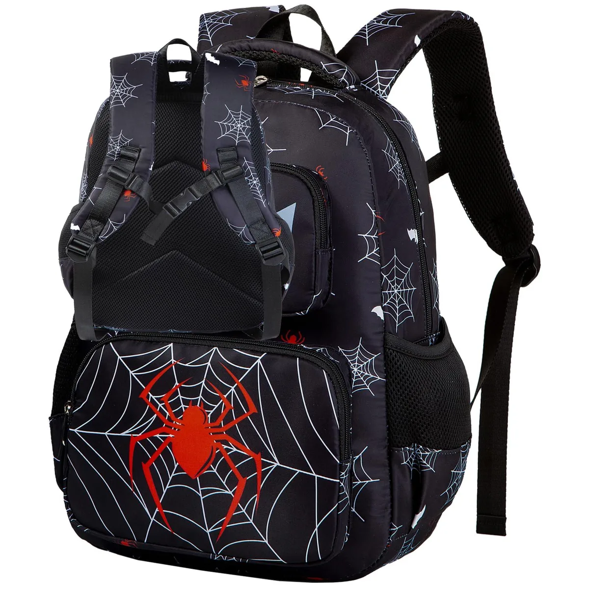 Beige polyester backpack with black spider pattern, 15.3 inch height, 16 L capacity