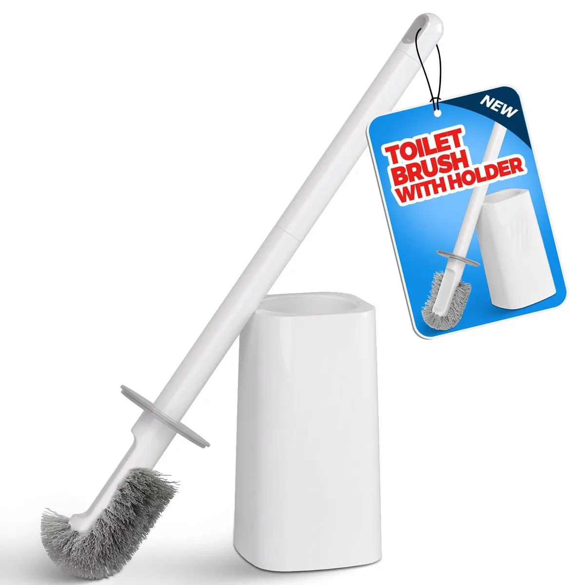 White toilet brush with holder and wall hook, freestanding or wall-mounted, splash-proof base