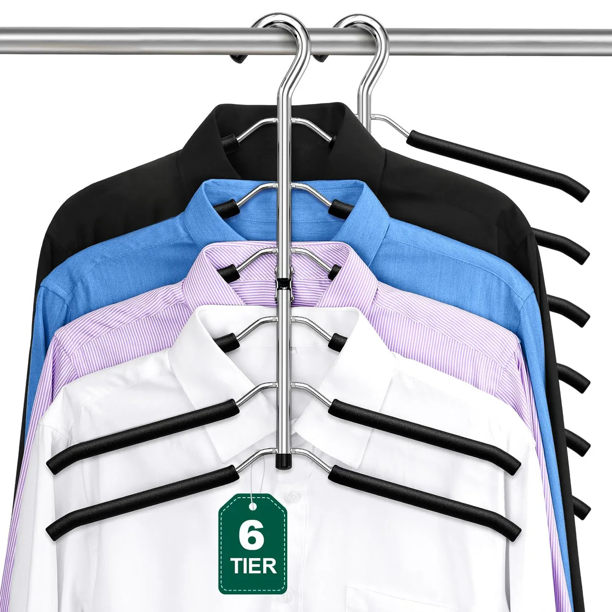 Black metal six-tier hangers with foam-padded arms, two-pack